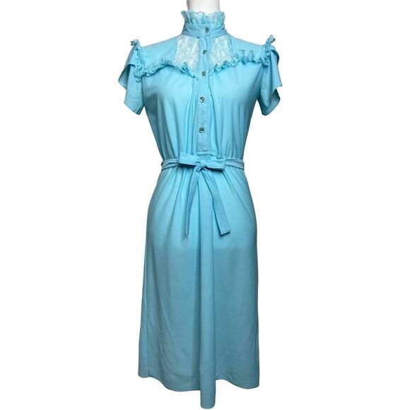Vintage Dresses & Skirts - Vintage 70s Size Small High Neck Lace Collared Dress Tulip Sleeves Cottage